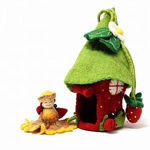 Handmade Strawberry Felt Fairy House w/ Fairy